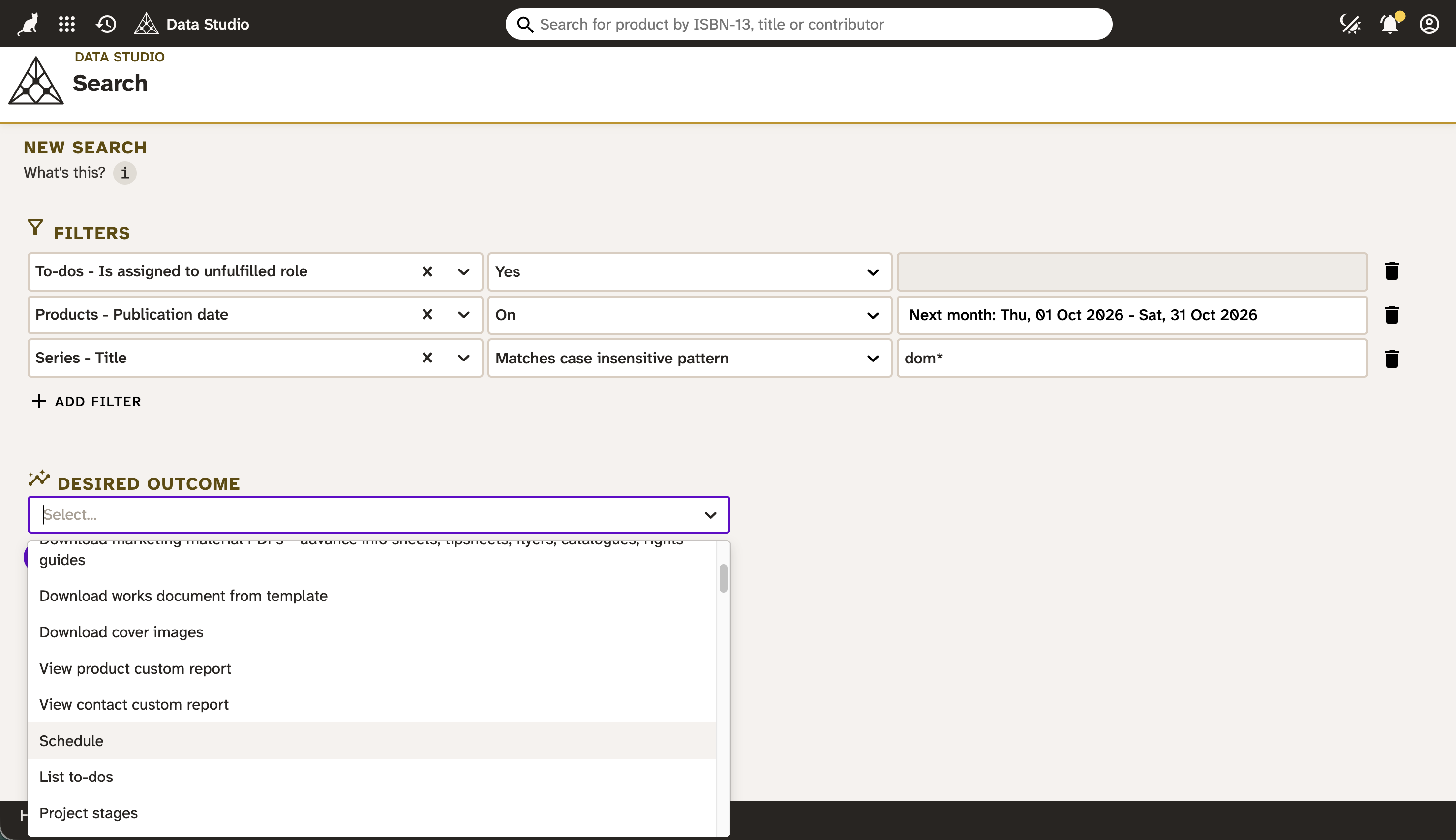 Filtering and choosing outcomes in Data Studio. The screenshot shows three filters and the desired outcome dropdown showing multiple options.