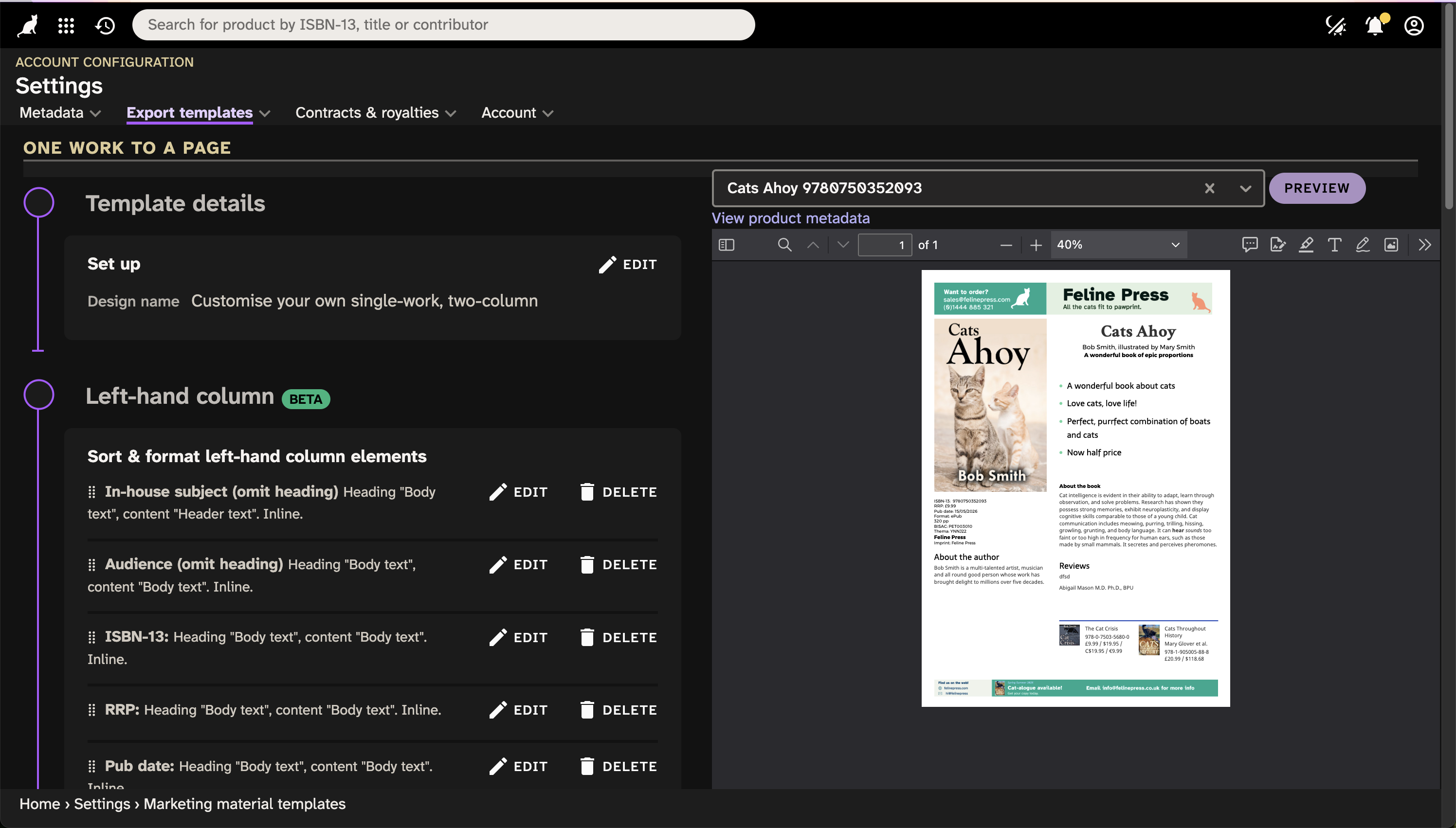 Configuring a one-page work level AI template in Consonance. Element selection is on the left, and a preview of the PDF AI is on the right.