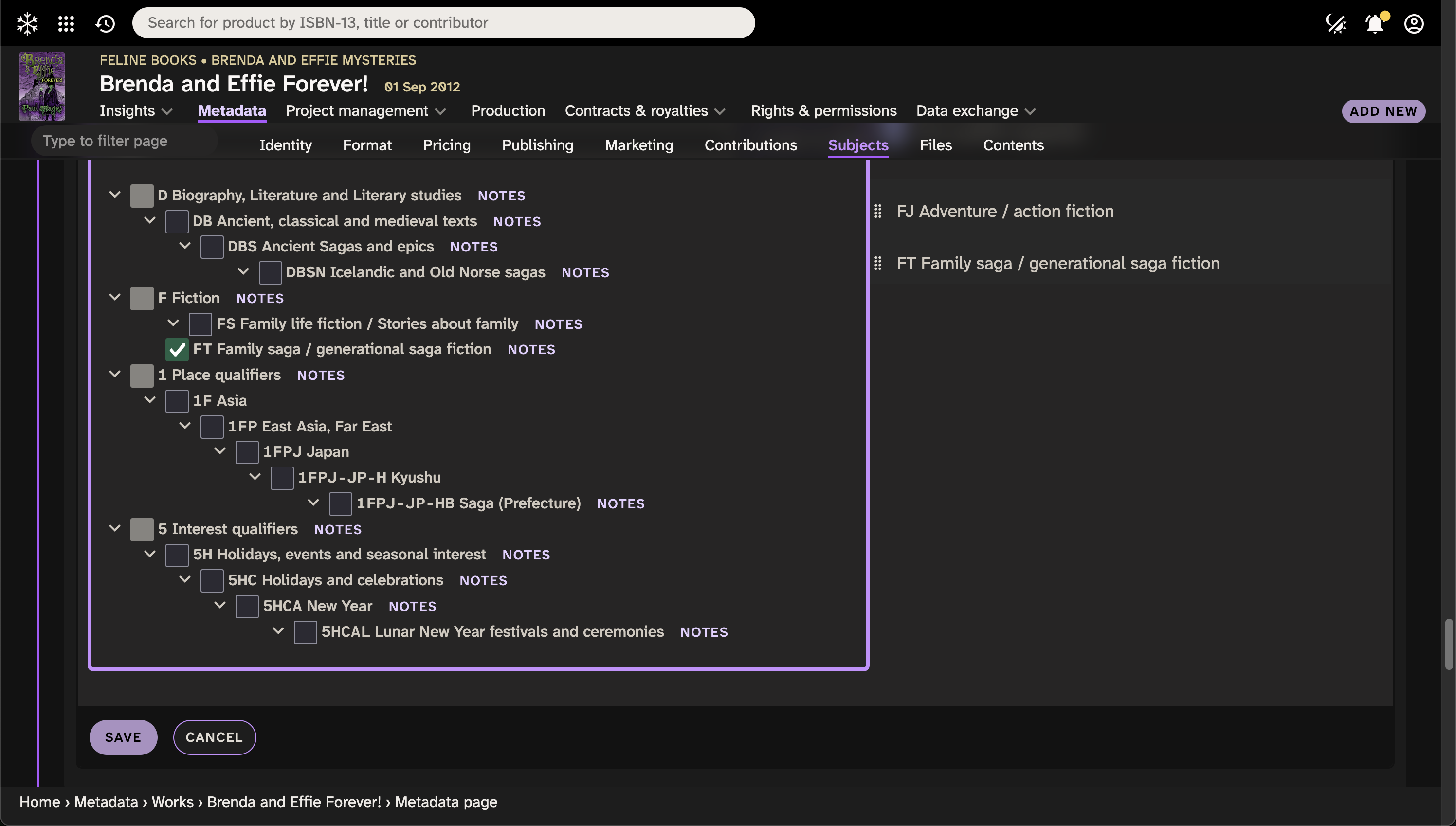 Screenshot of Thema subject classification codes in Consonance.