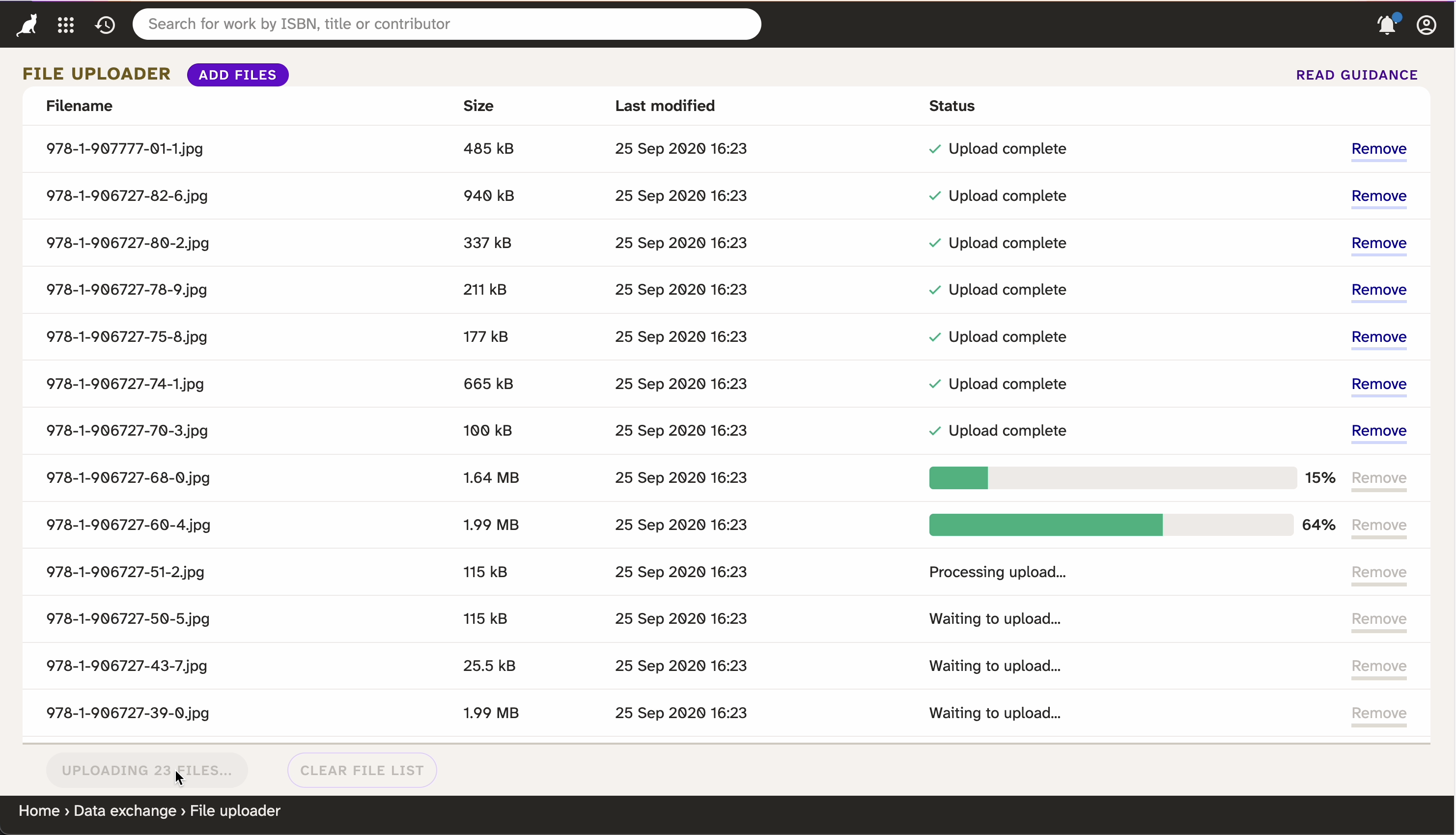 Screenshot of the file uploader page.